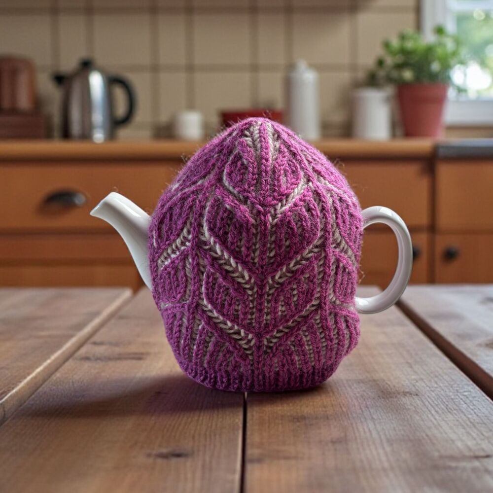 Pink & White knitted Tea Cosy in 100% British Wool