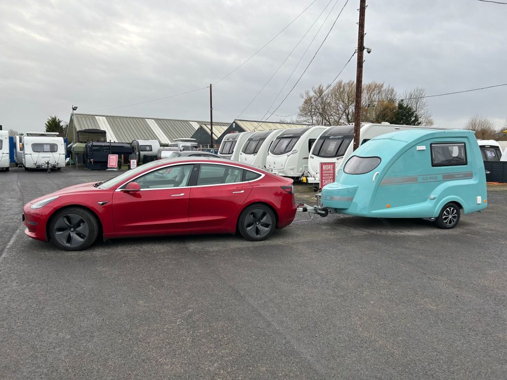 Go-Pod Micro Tourer Caravan towed by a Tesla Model 3