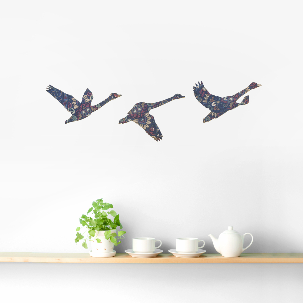 Set of 3 Blue Vintage Wallpaper Flying Swans