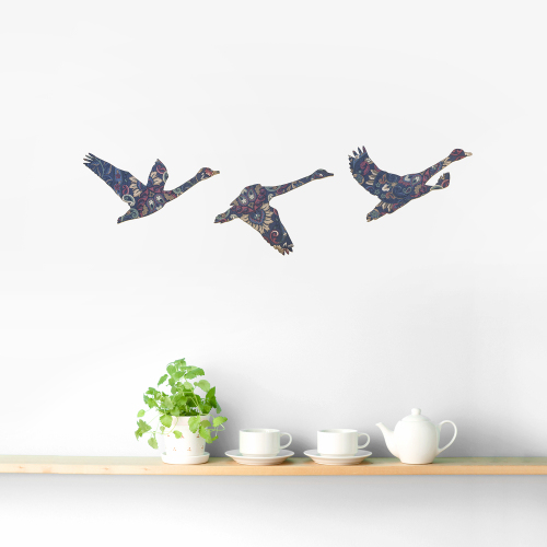 Set of 3 Blue Vintage Wallpaper Flying Swans