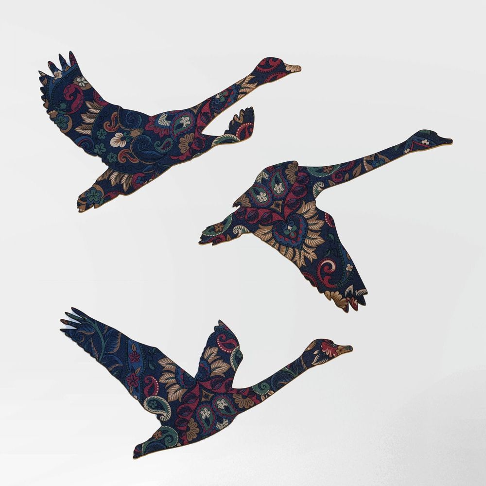 Set of 3 Blue Vintage Wallpaper Flying Swans