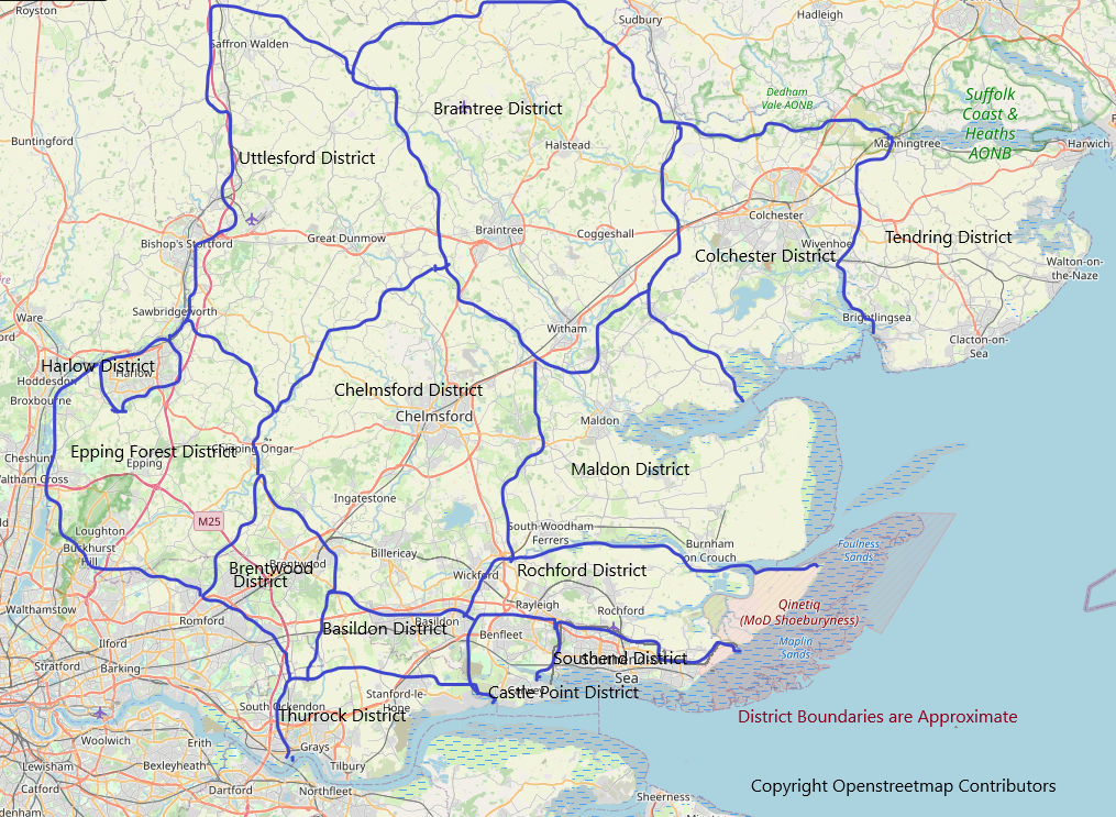 Map of Essex showing Neighbourhood Watch Districts