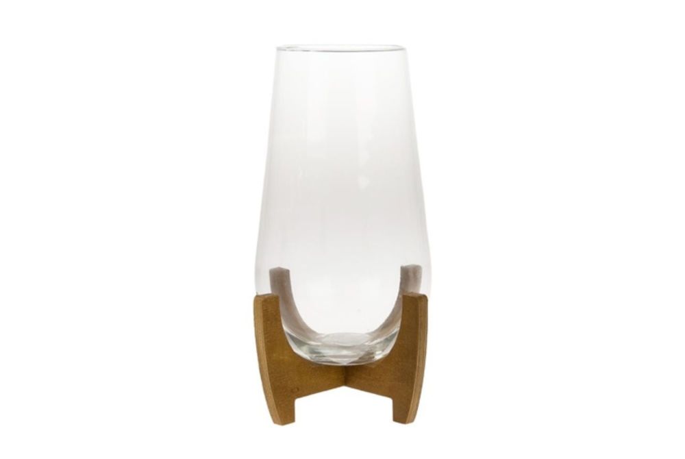 GLASS VASE ON WOODEN STAND