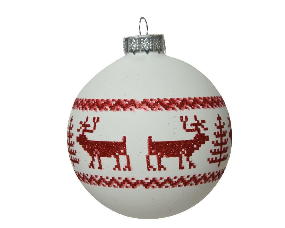 BAUBLE REINDEER PRINT RED ON WHITE dia 8 cm