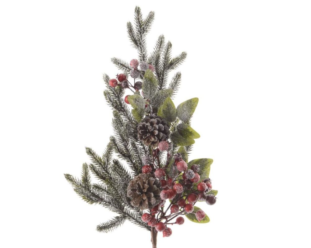 GLITTER GREEN PINE BRANCH WITH BERRIES