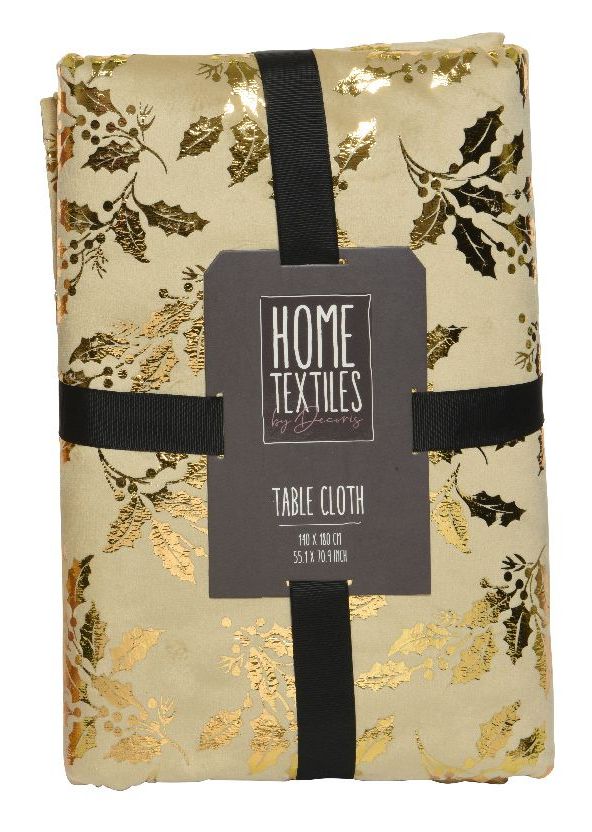 TABLE CLOTH CREAM -GOLD HOLLY LEAVES