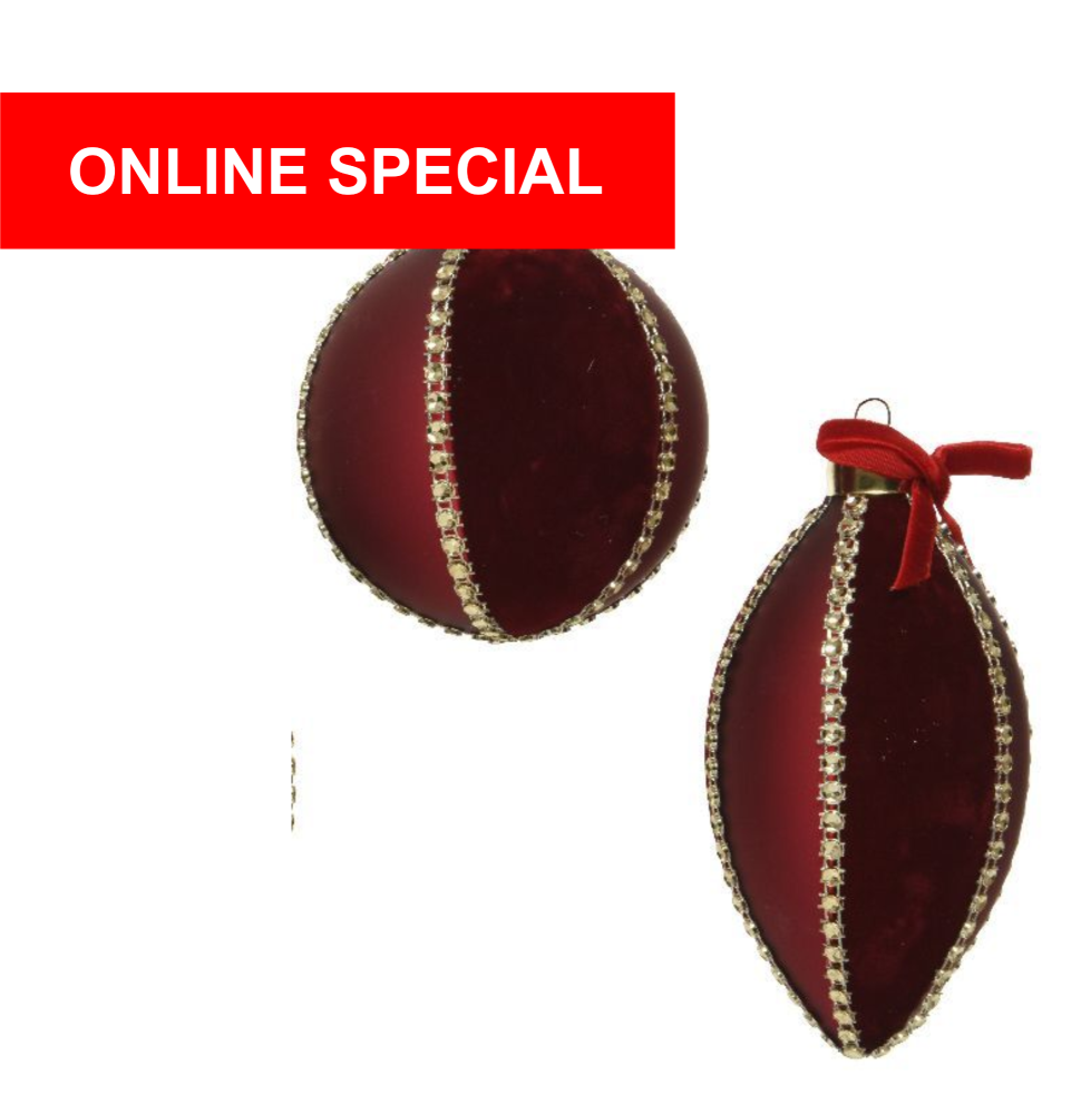 BAUBLE VELVET WITH DIOMOND BEADS SET OF 2 RED