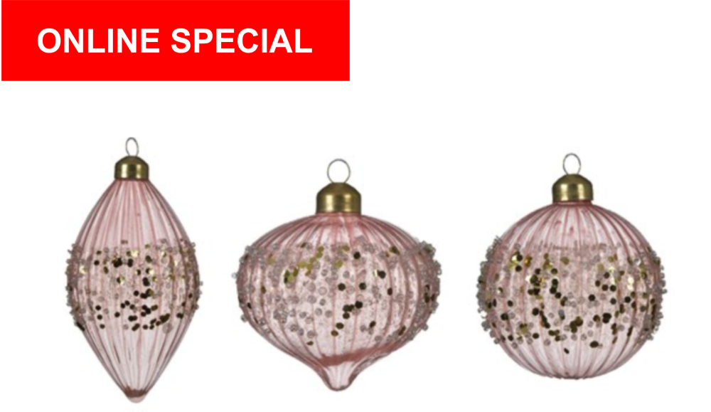 PINK BAUBLE WITH GLITTER BORDER set of 3 Baubles