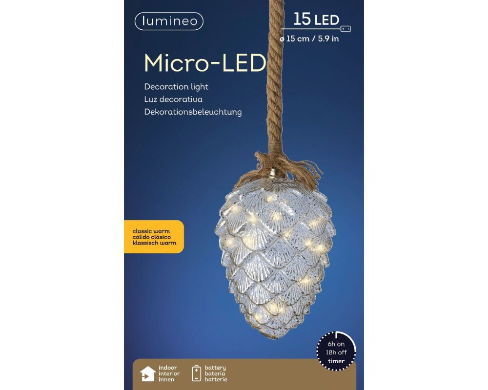Micro LED Silver Crackling Pinecone - dia 21 cm