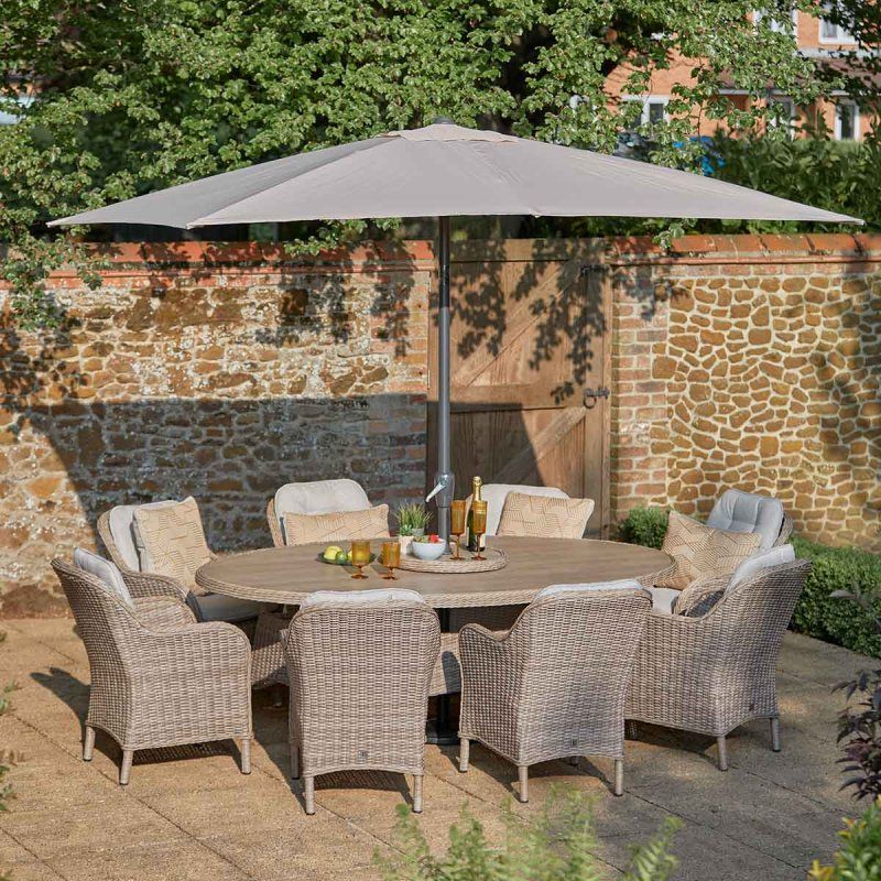 St Tropez 8 Seat Dining Set - Sand - Table with Lazy Susan - 3m Parasol