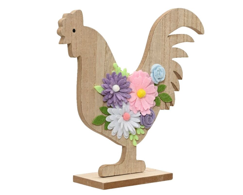Wooden Rooster - Felt Flowers - Medium