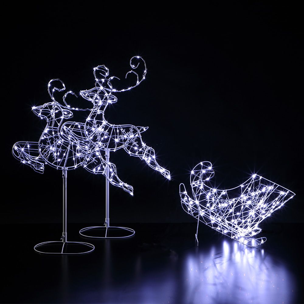 White Frame - Two Reindeer & Sleigh - 96cm - 260 Flexi Wire Leds