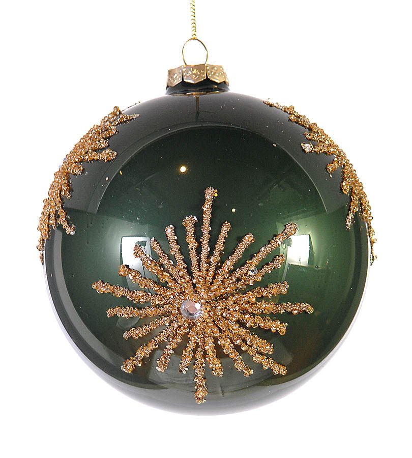 Christmas Bauble Green with gold design - 10cm - Glass