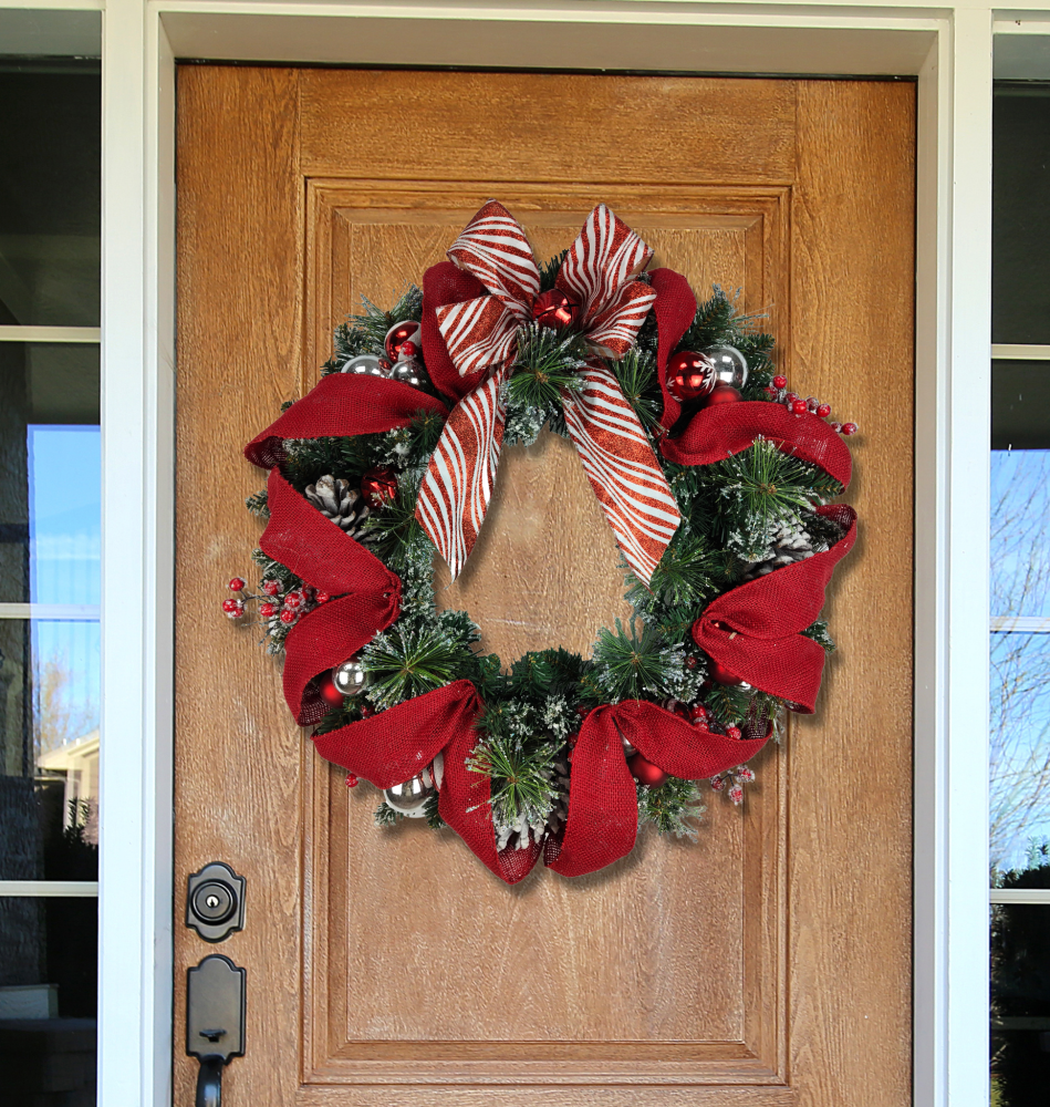 Christmas  wreath Red Ribbon -26" - prelit