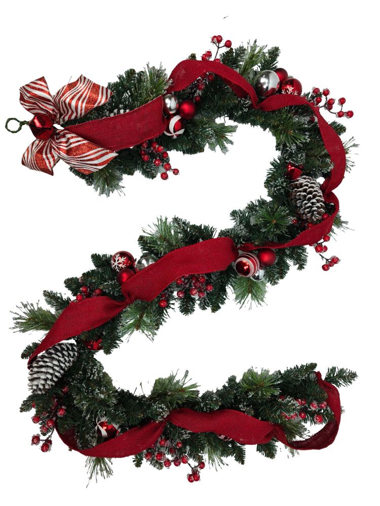 Christmas  Garland  Red Ribbon -6ft x 10" - prelit