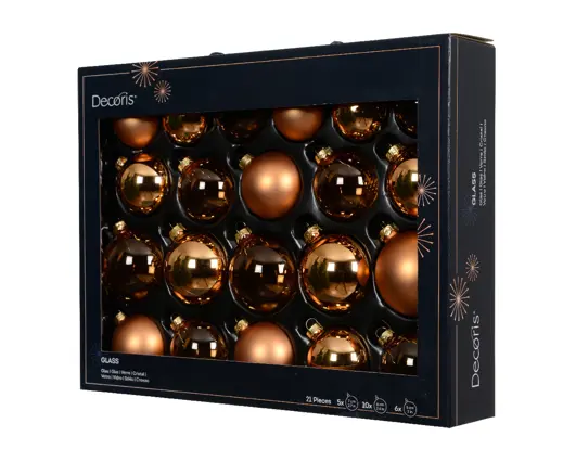 Christmas Baubles Glass - Set of 21 - Brandy