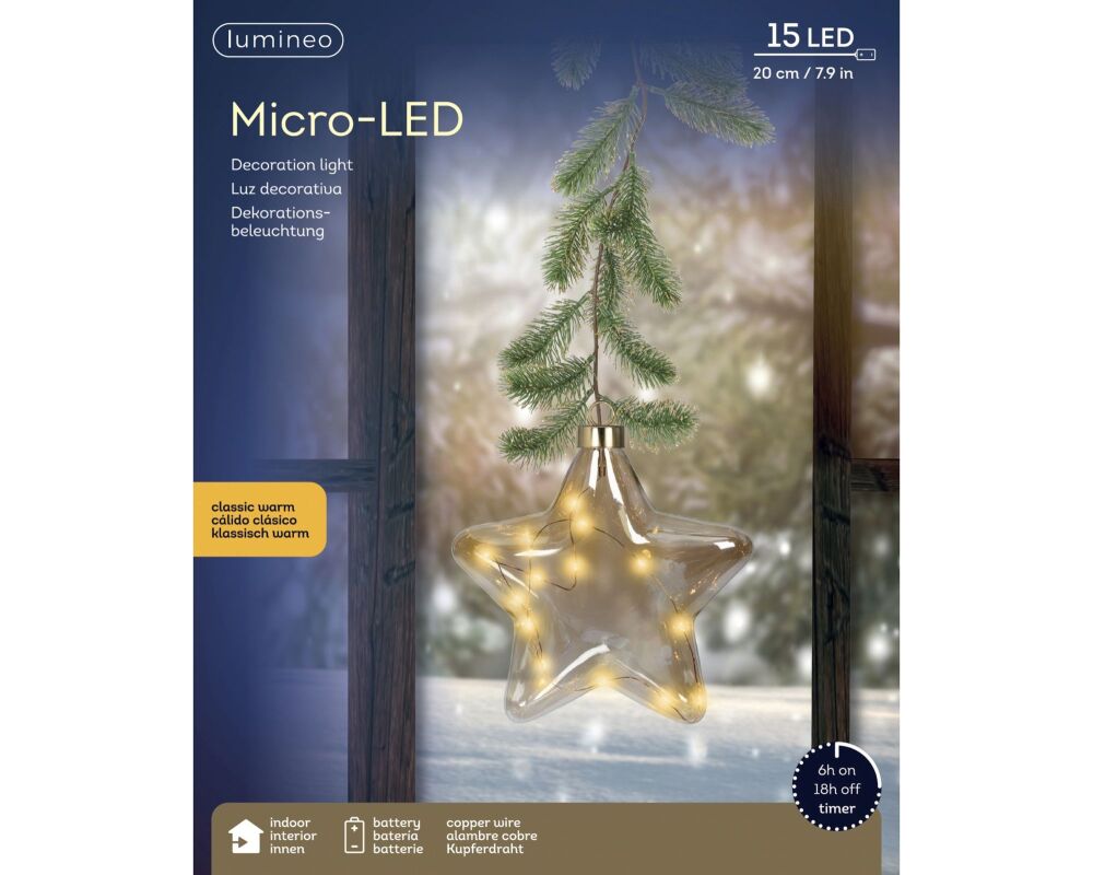 In-Lit Hanging Glass Decor  - Star - Pine Branch