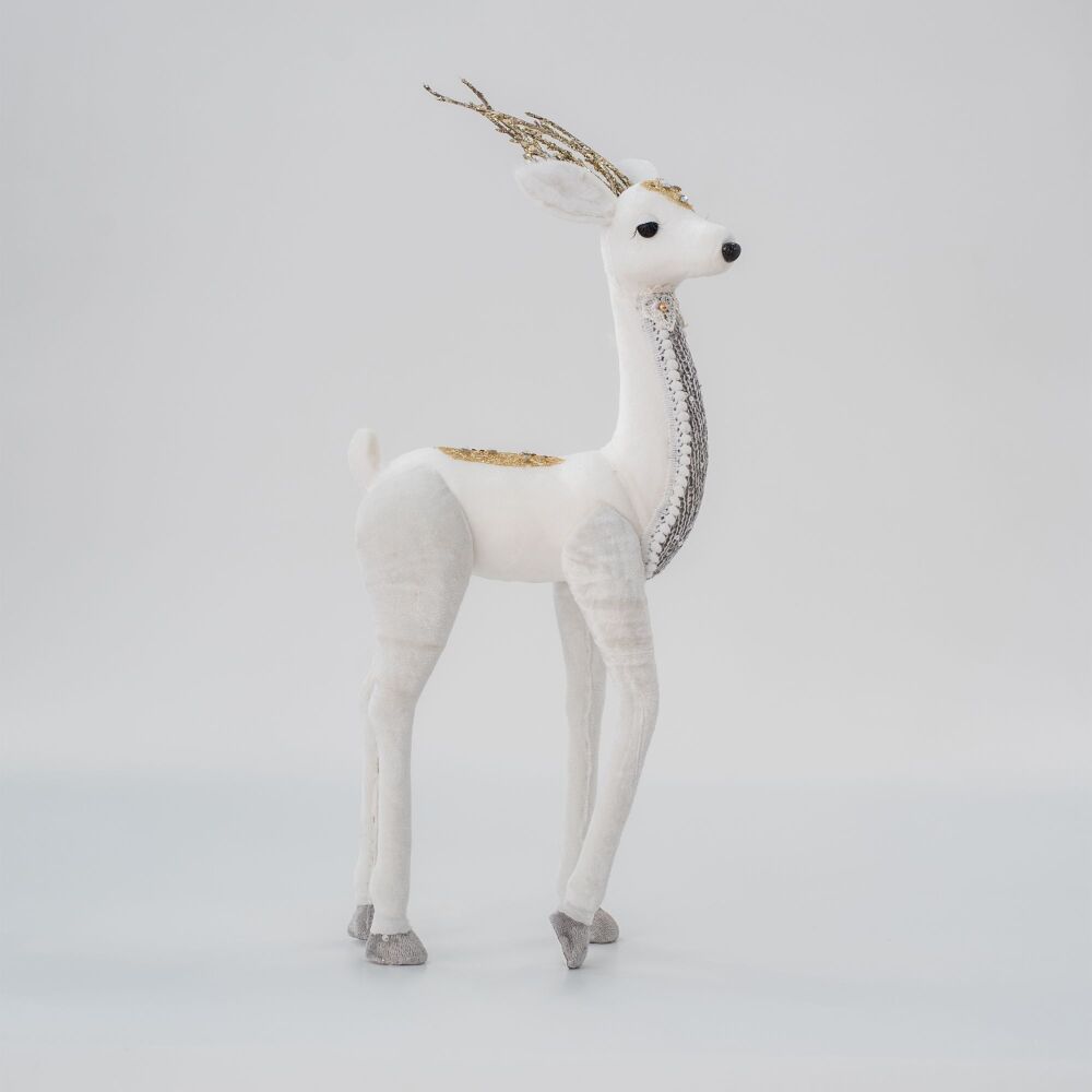Christma Figure - Velvet Deer - White with Gold Glitter - Small