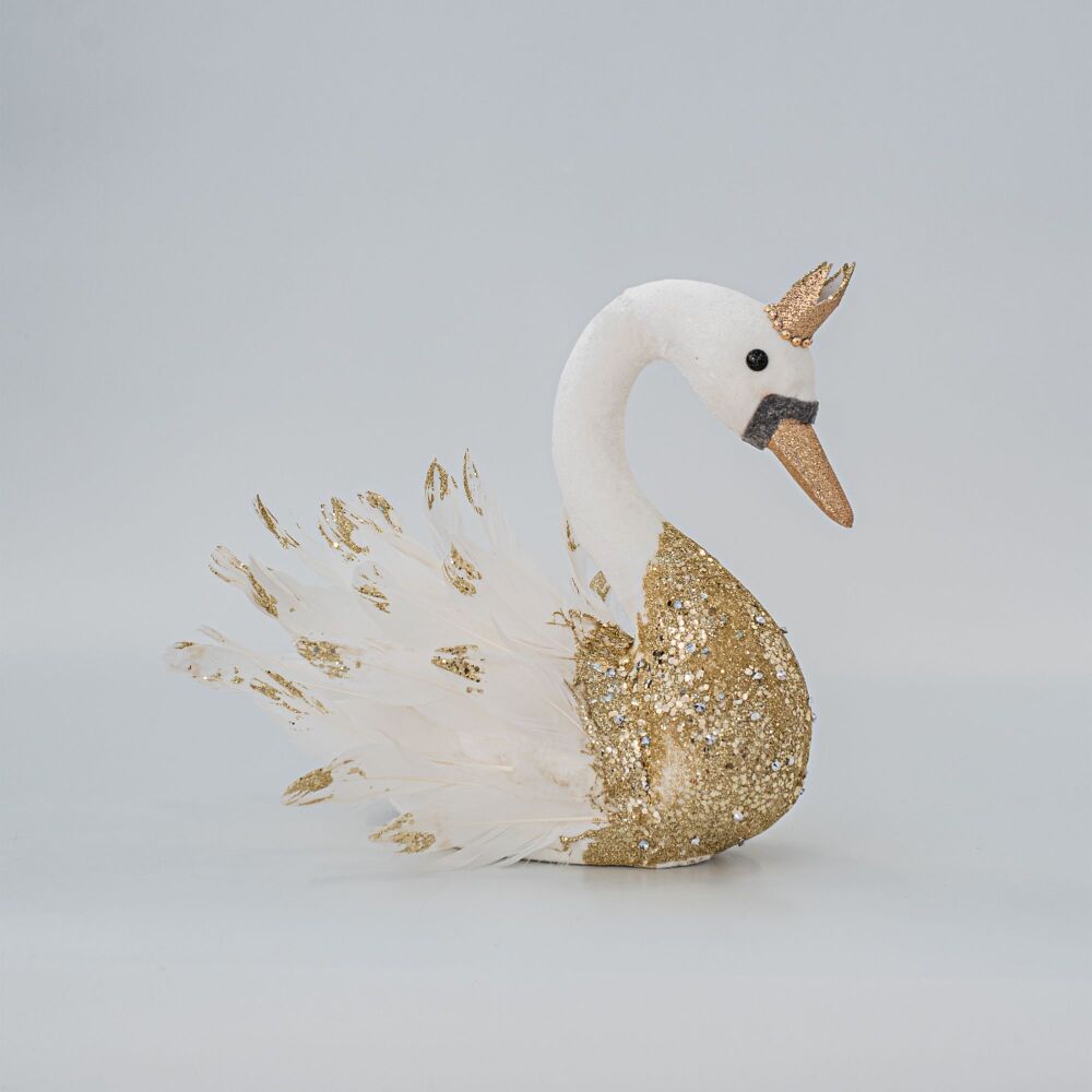 Christmas Figure - Velvet Swan - White with Gold Glitter
