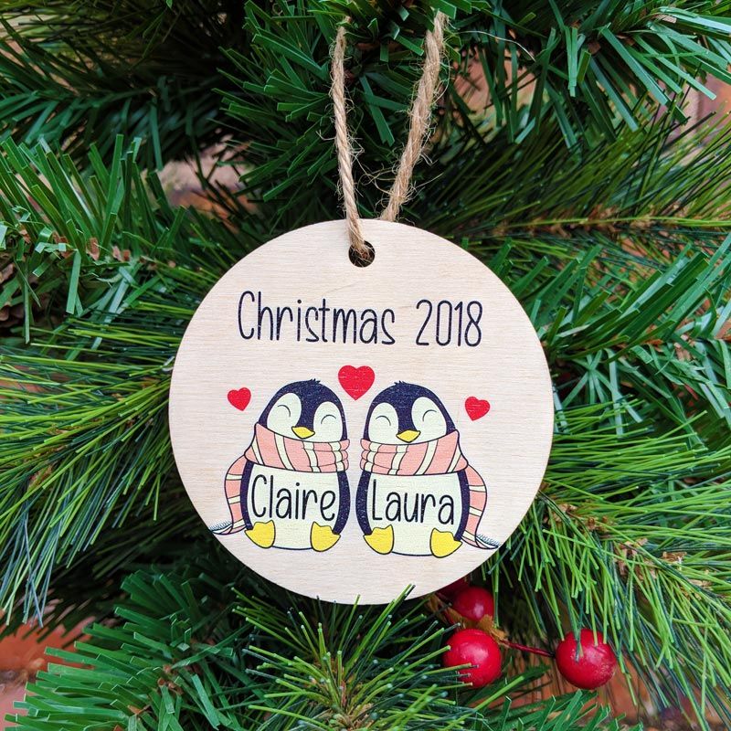 Personalised Printed Female Penguin Couple Bauble
