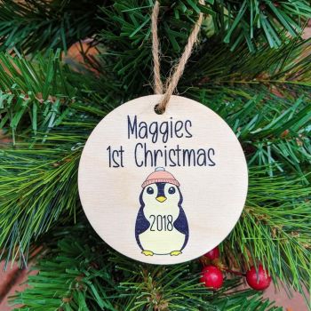 Personalised Printed Baby Girl Penguin 1st Christmas Bauble