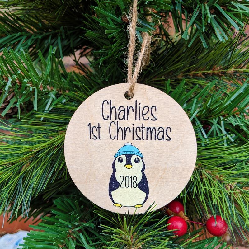 Personalised Printed Baby Boy Penguin 1st Christmas Bauble
