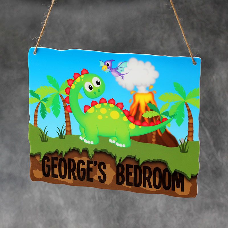 Personalised Printed Dinosaur with Volcano Bedroom Plaques