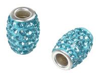 Bead - oval with strass for beadable pen - Silver Plated Aquamarine Blue