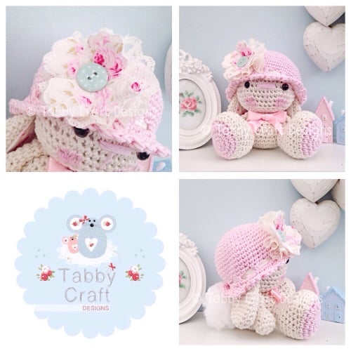 Bunny with Hat and Fabric Flower - Ivory, and Pink