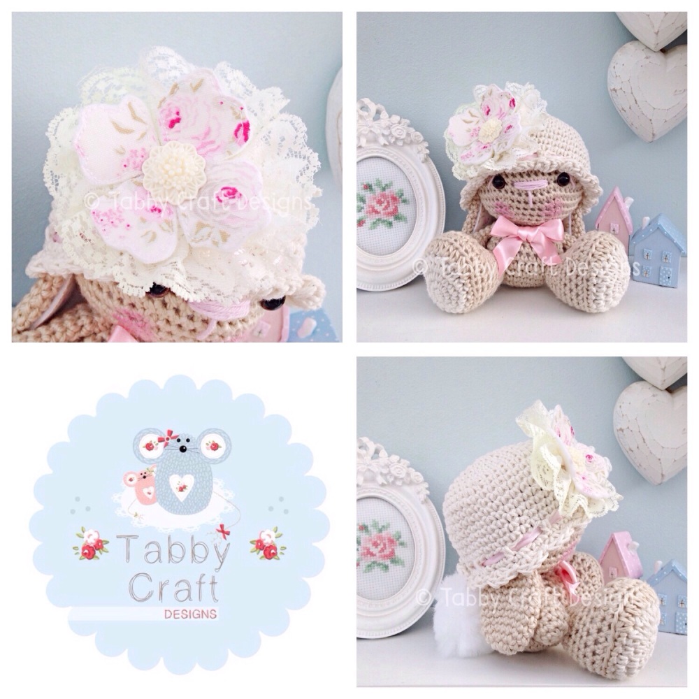 Bunny with Hat and Fabric Flower - Ivory, Pink and Beige