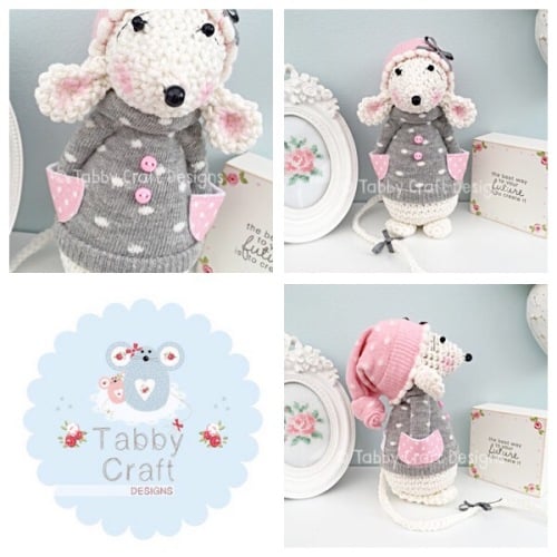 Winter Standing Mouse with Beanie Hat and Jumper - Grey, Ivory and Pink