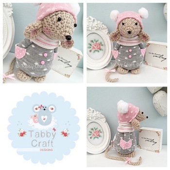 Winter Standing Mouse with Beanie Hat and Jumper - Beige, Grey and Pink