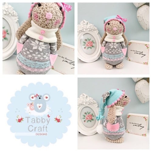 Winter Standing Bunny with Beanie Hat and Onesie - Beige, Grey and Pink