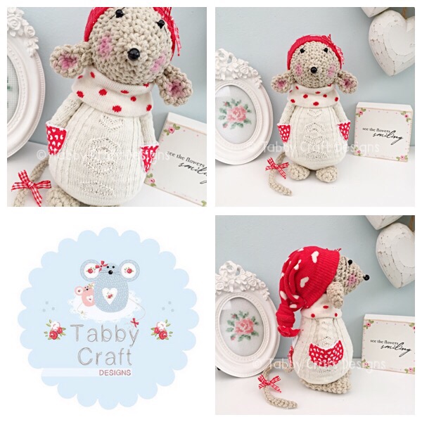 Winter Standing Mouse with Loveheart Beanie Hat and Aran Onesie - Beige, Ivory and Red