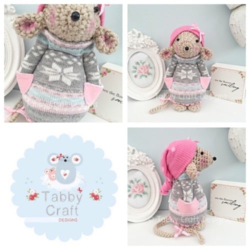 Winter Standing Mouse with Beanie Hat and Jumper - Beige, Grey and Pink