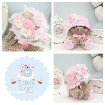 Bunny with Hat and Floral Fabric Flower - Beige and Pink