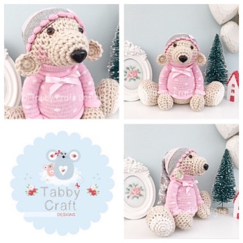 Large Beanie Hat Teddy Bear - Beige, Grey and Pink