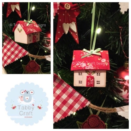 Small Hanging Wooden Christmas Cottage - Ivory and Red Floral