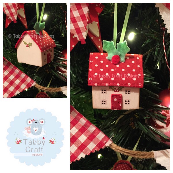 Small Hanging Wooden Christmas Cottage - Ivory and Red Polka Dot