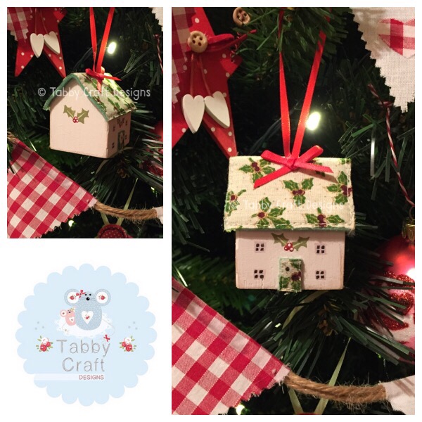 Small Hanging Wooden Christmas Cottage - Ivory and Green Holly Fabric