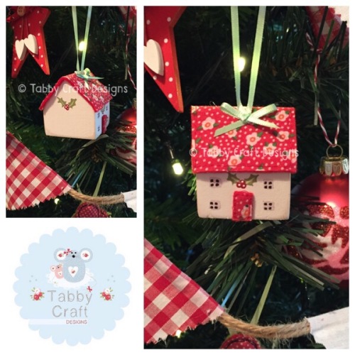 Small Hanging Wooden Christmas Cottage - Ivory and Red Tiny Floral Fabric
