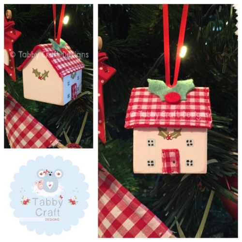 Small Hanging Wooden Christmas Cottage - Ivory and Red Gingham Fabric