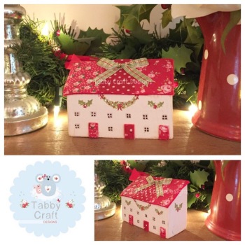 Patchwork Row Wooden Christmas Cottages - Ivory and Red Fabric