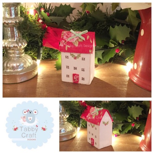 Three Storey Wooden Christmas Cottages - Ivory and Red Small Floral Fabric