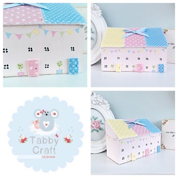 Patchwork Row Wooden Spring Cottages - Ivory, Pink, Lemon and Blue Fabric