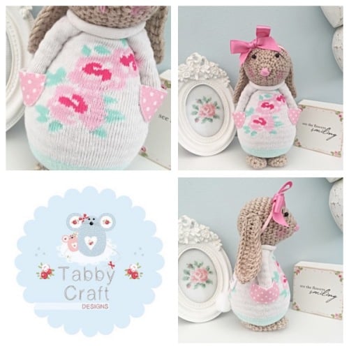 Spring Standing Bunny with Lrge Bow and Floral Jumper - Beige, Pink and Ivo
