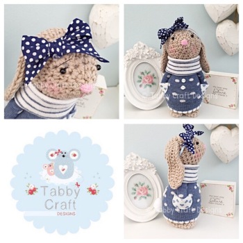 Spotty Standing Bunny with Large Bow and Jumper - Beige, Blue and Ivory