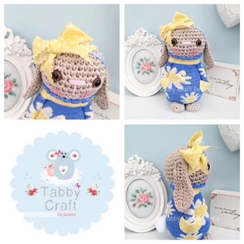 Daisy Standing Bunny with Large Bow and Jumper - Beige, Lemon and Blue