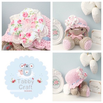 Bunny with Hat and Floral Fabric Flower - Beige and Pink