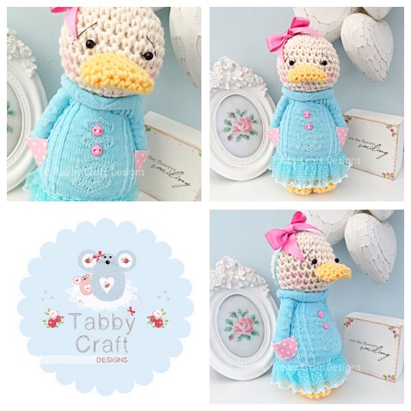 Standing Duckie with Large Bow and Frilly Dress - Ivory, Aqua and Pink